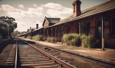 Fototapeta premium a train station with a train on the tracks next to it. generative ai