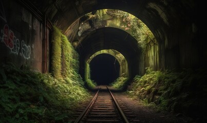  a train track going into a tunnel with graffiti on it.  generative ai