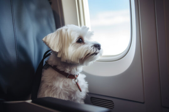 Travelling With Pet. Dog On Plane Board Near Window. Airline Pet Transportation Service. Created With Generative AIow On Board An Airplane Traveling With Pets. Generative AI