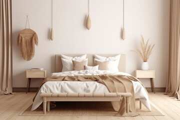 Bedroom interior mockup in boho style with fringed blanket, cushion with tassels, linen bedding, dried pampas grass, basket lamp and curtain on empty beige background. 3d rendering