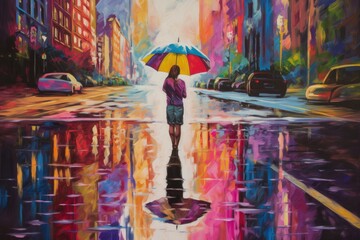 Obraz na płótnie Canvas Woman walking in rain art