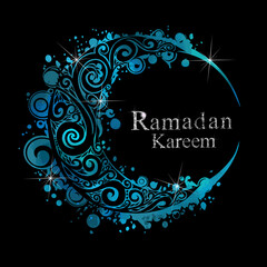 Ramadan karem written in Arabic with crescent blue moon. CultureOfFaith . Happy Ramadan. Vector illustration.