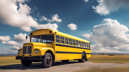 Fototapeta na wymiar Yellow school bus on the background of an empty road and a blue sky with clouds. AI generation
