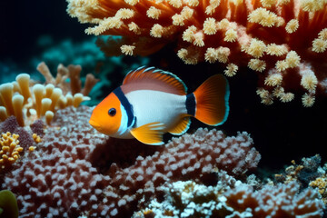 Fototapeta na wymiar Clownfish and a flock of tropical fish in a coral reef. Life in the coral reef underwater. Wildlife concept of ecological environment. Generative AI