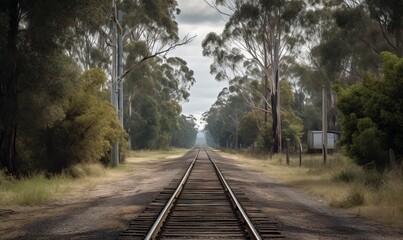 Fototapeta premium a train track in the middle of a field with trees. generative ai