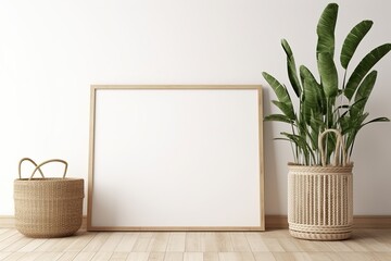 Blank frame mockup standing on wooden floor near slat sideboard and green snake plant in basket in interior with white wall background. 3D rendering