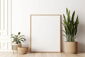 Blank frame mockup standing on wooden floor near slat sideboard and green snake plant in basket in interior with white wall background. 3D rendering