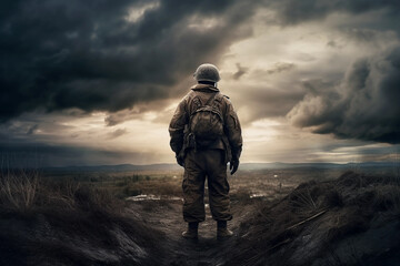 Obraz na płótnie Canvas a soldier standing guard under a dramatic sky. generative AI