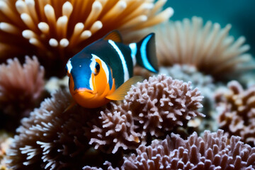 Naklejka na ściany i meble Clownfish and a flock of tropical fish in a coral reef. Life in the coral reef underwater. Wildlife concept of ecological environment. Generative AI
