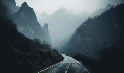  a long road with mountains in the background in the fog.  generative ai