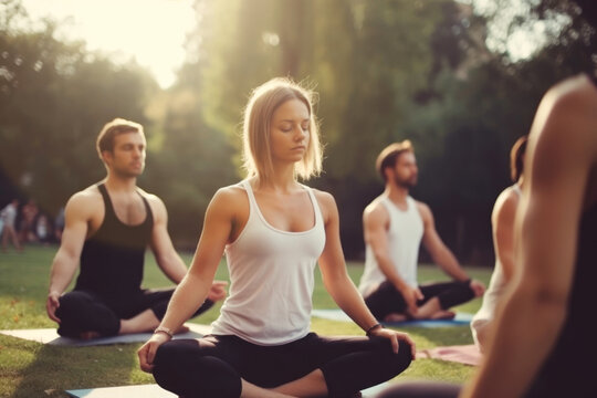 Group of persons meditating with yoga in the outdoors. generative ai