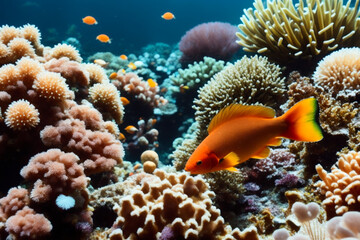 Fototapeta na wymiar Clownfish and a flock of tropical fish in a coral reef. Life in the coral reef underwater. Wildlife concept of ecological environment. Generative AI