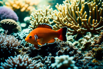 Obraz na płótnie Canvas Clownfish and a flock of tropical fish in a coral reef. Life in the coral reef underwater. Wildlife concept of ecological environment. Generative AI