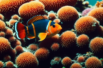 Obraz premium Clownfish and a flock of tropical fish in a coral reef. Life in the coral reef underwater. Wildlife concept of ecological environment. Generative AI