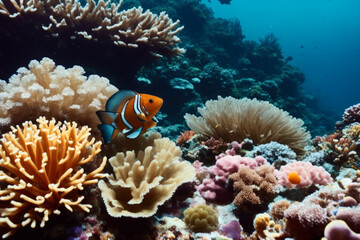 Clownfish and a flock of tropical fish in a coral reef. Life in the coral reef underwater. Wildlife concept of ecological environment. Generative AI