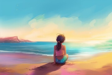 Fototapeta na wymiar kid sitting at the shore at sunset
