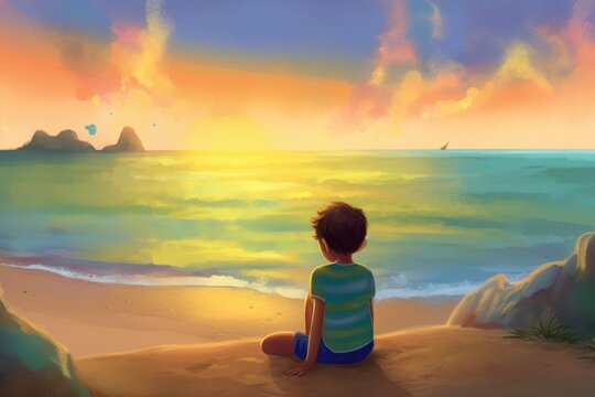 kid sitting at the shore at sunset