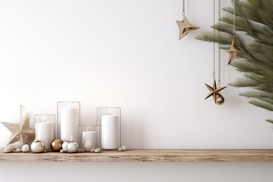 wooden frame mockup with hanging pine branch, pinecone and candles on shelf on empty white wall background. Minimal Christmas interior decoration. 3d rendering