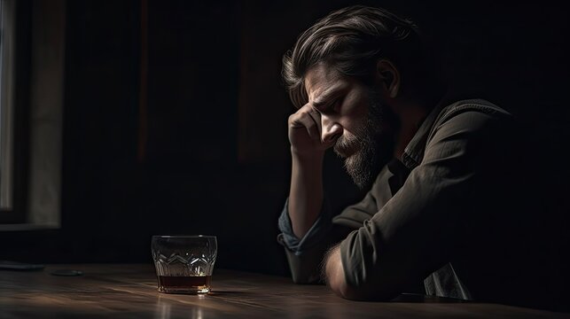 Sad man alcoholic sitting at table with glass of alcohol, man frustrated and gets drunk after nervous breakdown, male alcoholic relieves stress with strong alcohol, generative AI