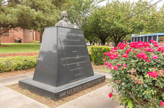 MONTGOMERY, ALABAMA - APRIL 29, 2023: Sculpture Rosa Parks dedicated in Alabama’s capital city on the campus of Alabama State University. Artist - Sculptor is Ronald Scott McDowell.