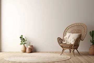 Vlies Fototapete Boho-Stil Empty wall mockup in warm neutral beige room interior with wicker armchair, palm plant in woven basket, boho style decoration and free space, 3d rendering