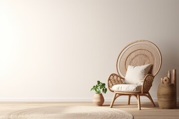 Empty wall mockup in warm neutral beige room interior with wicker armchair, palm plant in woven basket, boho style decoration and free space, 3d rendering