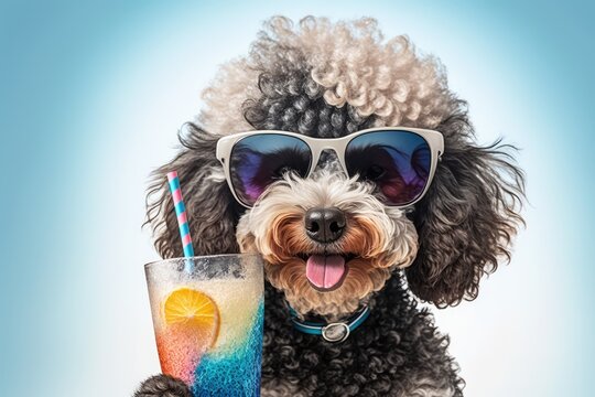 Poodle puppy dog with glass of cocktail on white background Generative AI