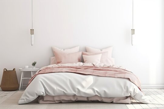Light, cute and cozy home bedroom interior with unmade bed, pink plaid and cushions on empty white wall background. 3D rendering.