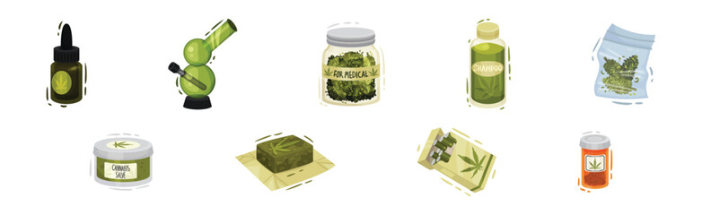 Cannabis Product with Bong, Oil, Shampoo, Soap and Salve Vector Set