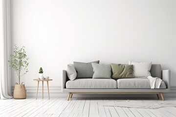 Livingroom interior wall mock up with gray fabric sofa and pillows on white background with free space on right. 3d rendering