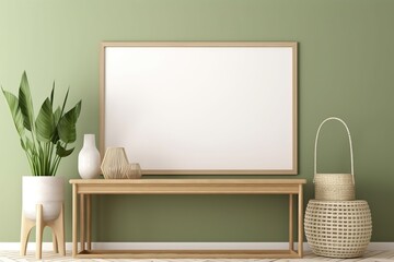 Horizontal blank frame mockup in living interior with slat sideboard, wicker lantern and plant in basket on empty green wall background. 3D rendering