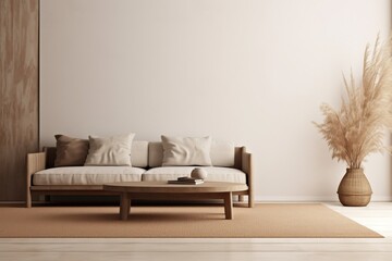 Living room interior mockup in wabi-sabi style with low sofa, jute rug and dried grass decoration on empty warm neutral wall background. 3d rendering