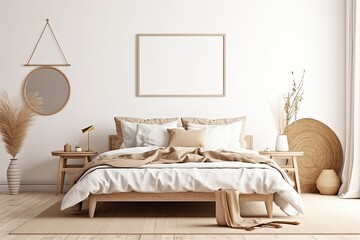Horizontal frame mockup in boho bedroom interior with wooden bed, beige fringed blanket, cushion with tassels, dried pampas grass, basket and wicker lamp on white wall. 3d rendering