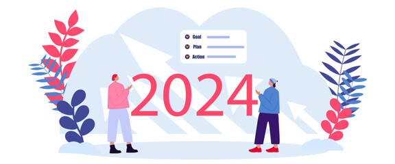 Obraz premium New Year 2024 business concept. New year plan with checklist goals target for 2024 years with modern flat style.