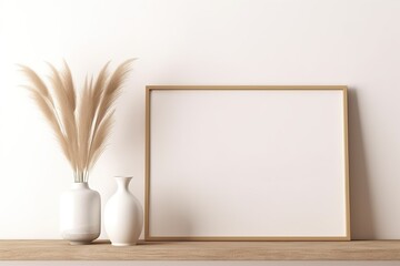 Horizontal frame mockup in warm neutral minimalist interior with dried pampas grass and trendy vase standing on wooden beige brown shelf on empty white wall background. 3d rendering