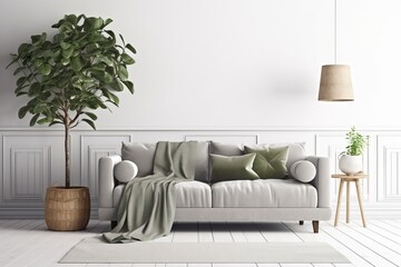 Living room interior with gray velvet sofa, pillows, green plaid, lamp and fiddle leaf tree in wicker basket on white wall background. 3D rendering