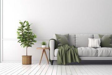 Living room interior with gray velvet sofa, pillows, green plaid, lamp and fiddle leaf tree in wicker basket on white wall background. 3D rendering
