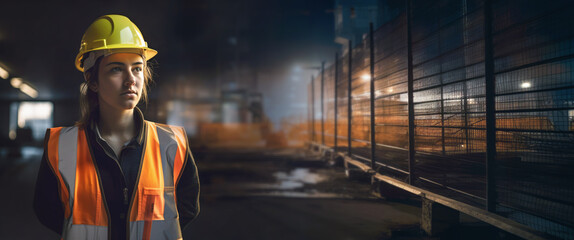 Young female construction worker wearing high visibility vest and orange helmet, dark background - construction site at night, wide photo with empty space for text right side. Generative AI - obrazy, fototapety, plakaty