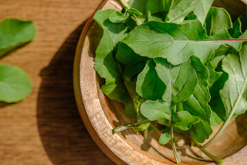 close up of arugula in a bowl with a walnut wood background
