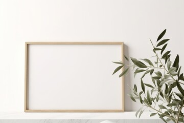 Interior poster mockup with square wooden frame on empty white wall decorated with plant branch with green leaves. 3D rendering