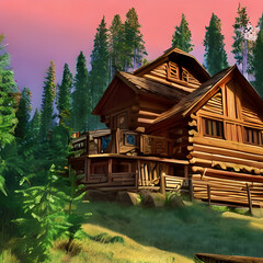 Dreamlike Getaway. A Cozy Cabin with a Spectacular View of the Mountains Generative AI.
