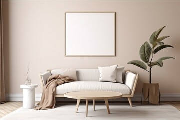 Poster art mockup with horizontal wooden frame above sofa in trendy minimalist living room in warm neutral interior. Illustration, 3d rendering