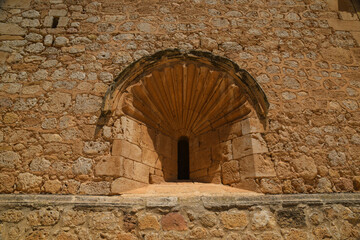Detail of the church facade in the town of "El Toboso", Ciudad Real, Castilla la Mancha, Spain