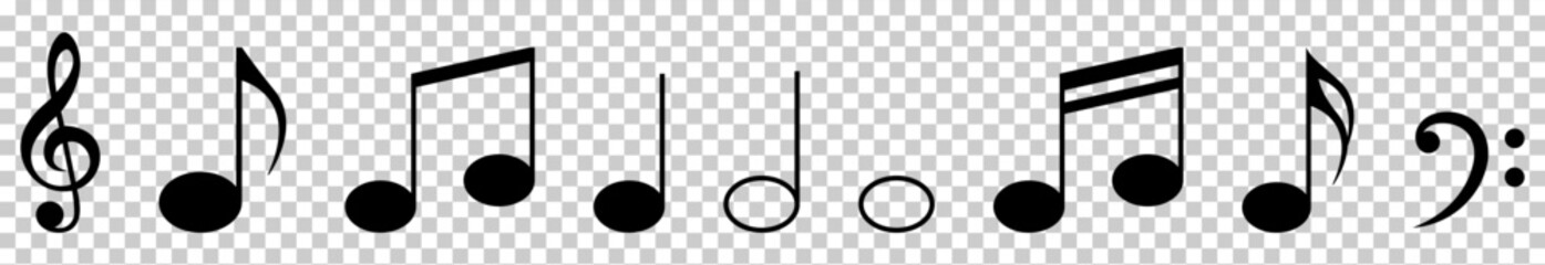 Set of music notes icons. Black notes symbols. Vector illustration isolated on transparent background - obrazy, fototapety, plakaty