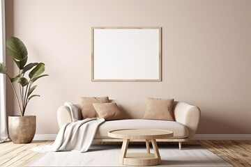 Poster art mockup with horizontal wooden frame above sofa in trendy minimalist living room in warm neutral interior. Illustration, 3d rendering