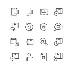 Set of delivery related icons, delivery date, courier, warehouse, return search parcel, fast shipping and linear variety symbols.	
