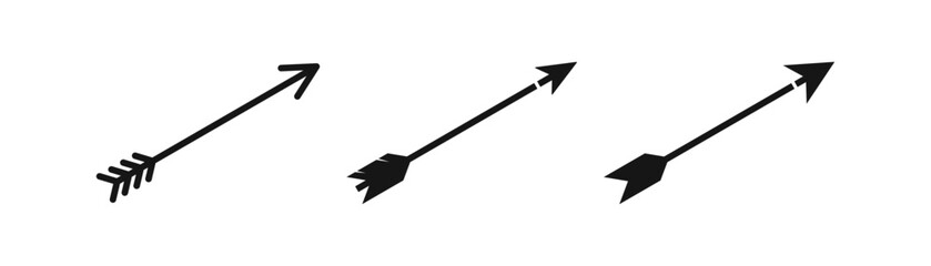 Bow arrow icon. Archery symbol. Archer signs. Arrowhead, feather symbols. Indian native weapon icons. Black color. Vector sign.