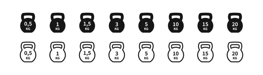 Kg weight icon. Heavy dumbbell symbol. Sports signs. Measure symbols. 0,5, 1, 1,5, 3, 5, 10, 15, 20 kilogram icons. Black color. Vector sign.