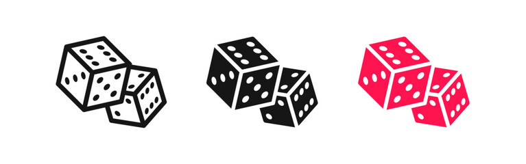 Game dice icon. Casino symbol. Roll chance signs. Two cubes of random number symbols. Gamble icons. Black, red color. Vector sign. - obrazy, fototapety, plakaty
