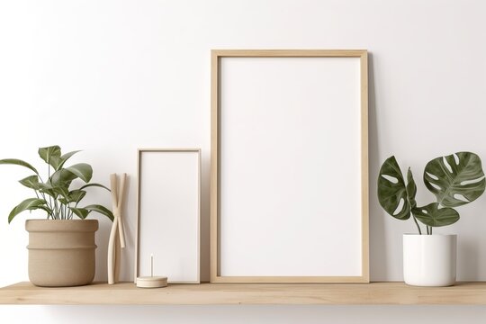 vertical wooden frame mockup in scandi style interior with trailing green plant in pot, pile of books and shelf on empty neutral white wall background. A4, A3 format. 3d rendering